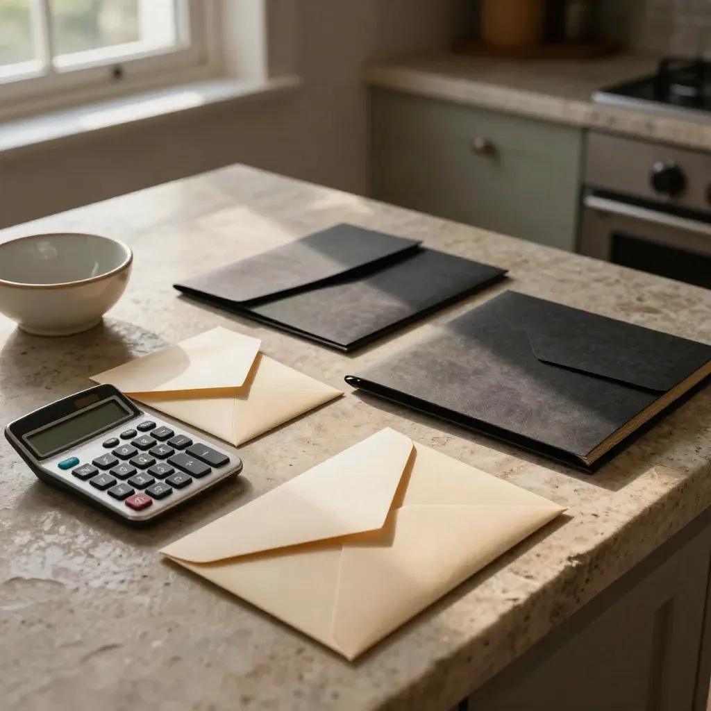 Buste, calcolatrice e cartelle chiuse su un piano di pietra in cucina