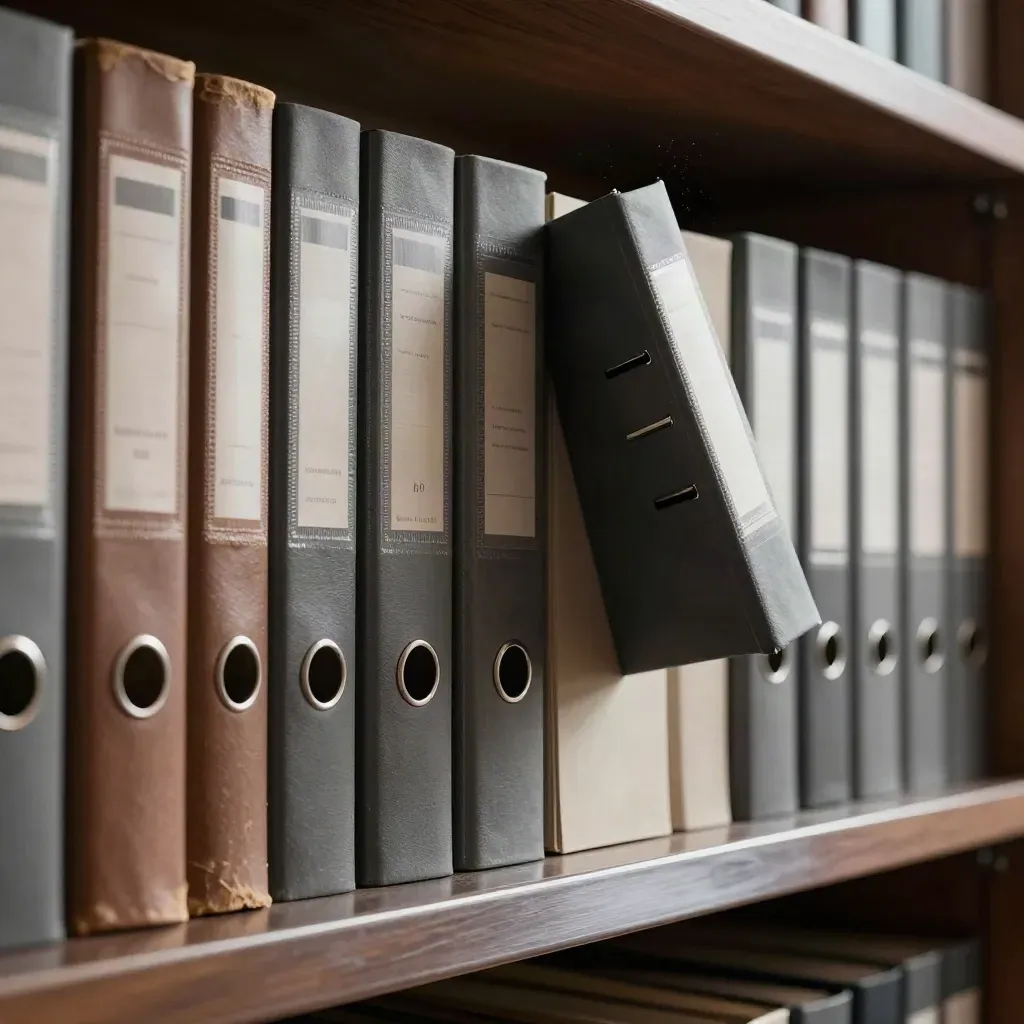 Scaffale archivio con raccoglitori legali sostenuti da un blocco distanziale e polvere in controluce.