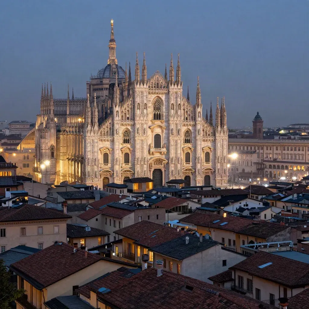Vista aerea di Milano al tramonto con il Duomo in alto e i tetti avvolti nella foschia