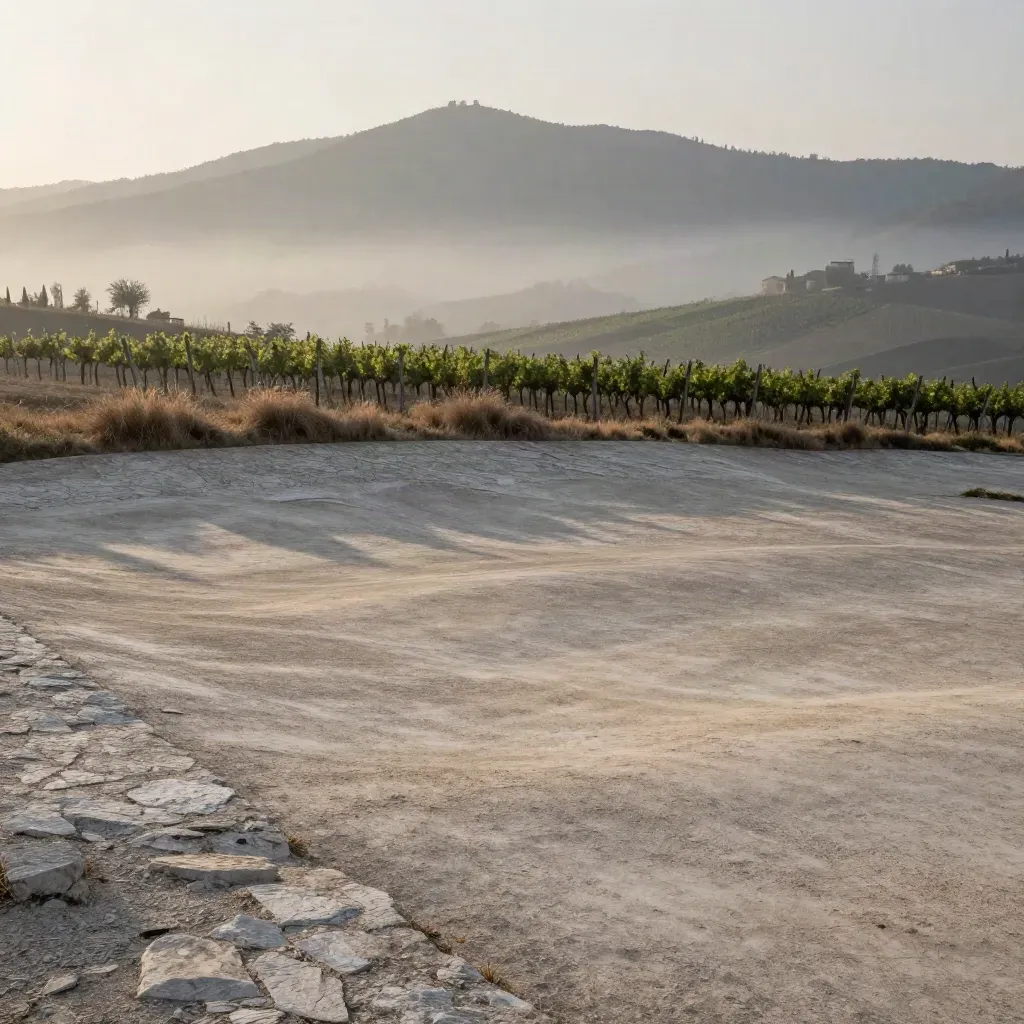 Paesaggio nebbioso del Piemonte con Alpi in alto e vigneti su pietra chiara.